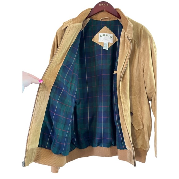 Orvis Mens Camel Tan Suede Leather Bomber Jacket, Size Large - Picture 6 of 16